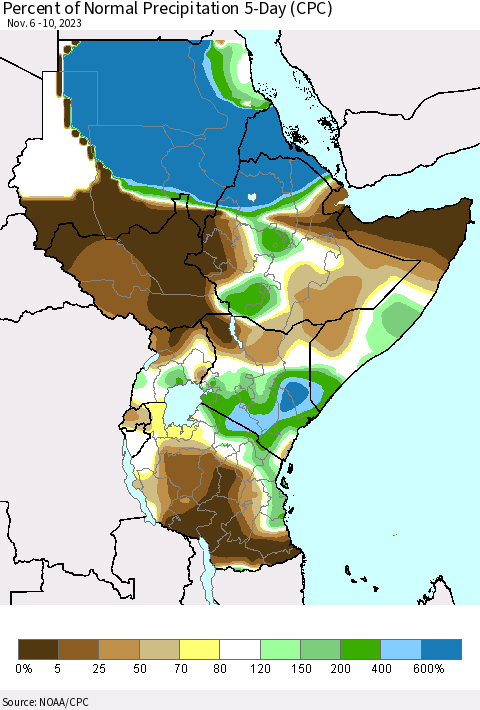 Eastern Africa Percent of Normal Precipitation 5-Day (CPC) Thematic Map For 11/6/2023 - 11/10/2023
