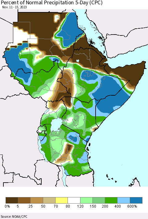 Eastern Africa Percent of Normal Precipitation 5-Day (CPC) Thematic Map For 11/11/2023 - 11/15/2023