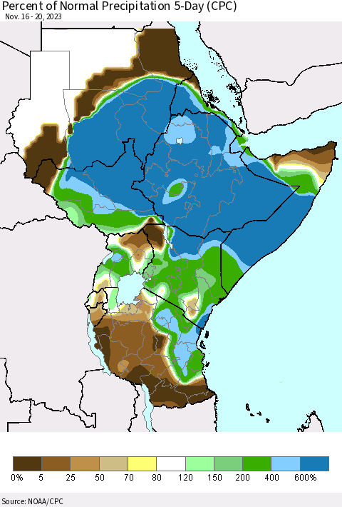 Eastern Africa Percent of Normal Precipitation 5-Day (CPC) Thematic Map For 11/16/2023 - 11/20/2023