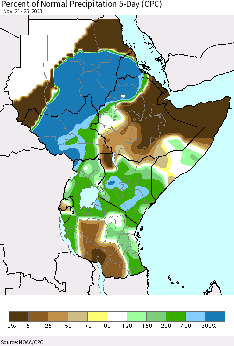 Eastern Africa Percent of Normal Precipitation 5-Day (CPC) Thematic Map For 11/21/2023 - 11/25/2023