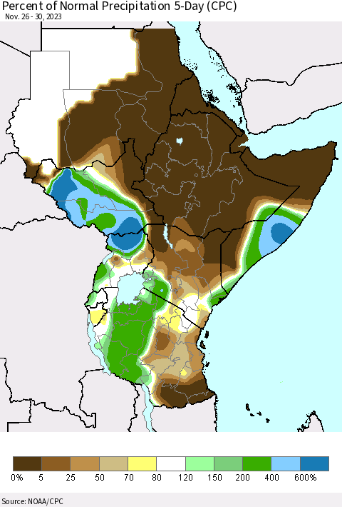 Eastern Africa Percent of Normal Precipitation 5-Day (CPC) Thematic Map For 11/26/2023 - 11/30/2023