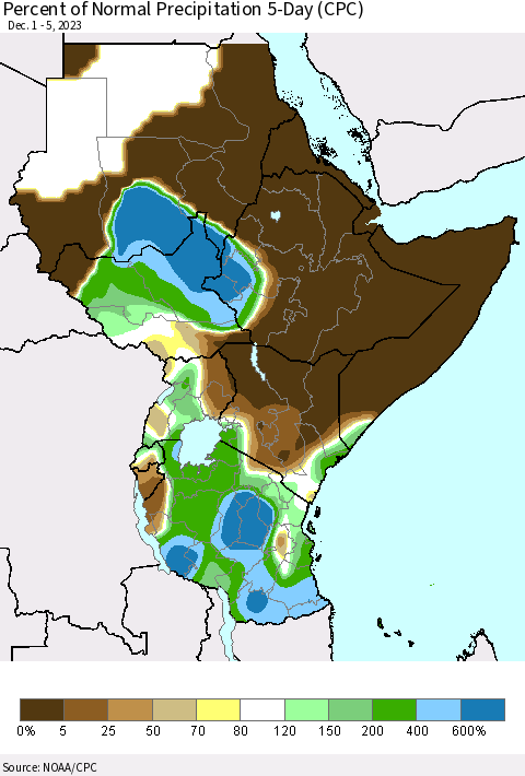 Eastern Africa Percent of Normal Precipitation 5-Day (CPC) Thematic Map For 12/1/2023 - 12/5/2023