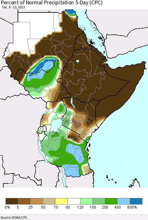 Eastern Africa Percent of Normal Precipitation 5-Day (CPC) Thematic Map For 12/6/2023 - 12/10/2023