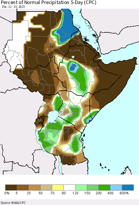 Eastern Africa Percent of Normal Precipitation 5-Day (CPC) Thematic Map For 12/11/2023 - 12/15/2023