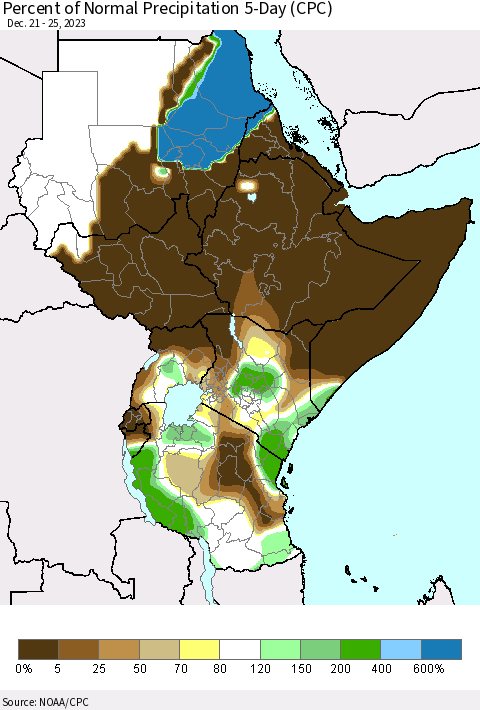 Eastern Africa Percent of Normal Precipitation 5-Day (CPC) Thematic Map For 12/21/2023 - 12/25/2023