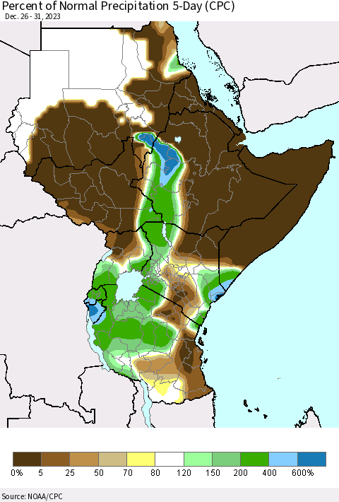Eastern Africa Percent of Normal Precipitation 5-Day (CPC) Thematic Map For 12/26/2023 - 12/31/2023