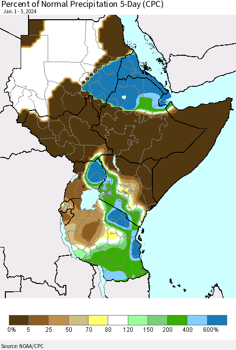 Eastern Africa Percent of Normal Precipitation 5-Day (CPC) Thematic Map For 1/1/2024 - 1/5/2024