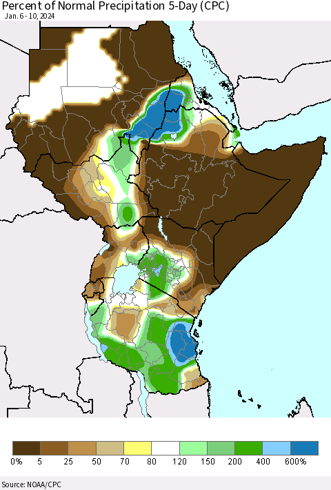 Eastern Africa Percent of Normal Precipitation 5-Day (CPC) Thematic Map For 1/6/2024 - 1/10/2024