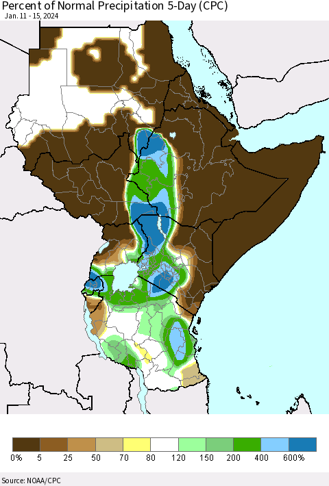 Eastern Africa Percent of Normal Precipitation 5-Day (CPC) Thematic Map For 1/11/2024 - 1/15/2024