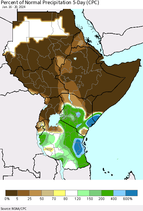 Eastern Africa Percent of Normal Precipitation 5-Day (CPC) Thematic Map For 1/16/2024 - 1/20/2024