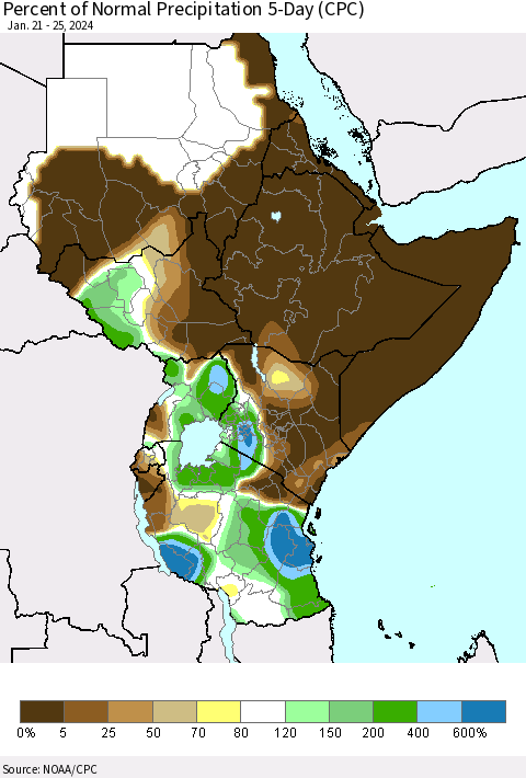 Eastern Africa Percent of Normal Precipitation 5-Day (CPC) Thematic Map For 1/21/2024 - 1/25/2024