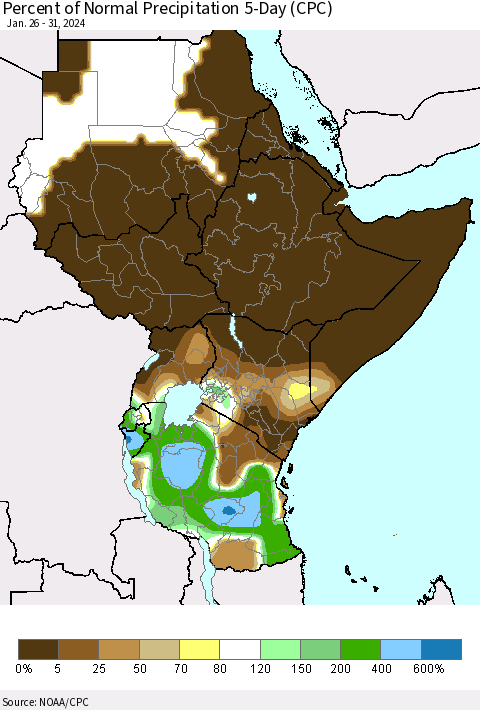 Eastern Africa Percent of Normal Precipitation 5-Day (CPC) Thematic Map For 1/26/2024 - 1/31/2024