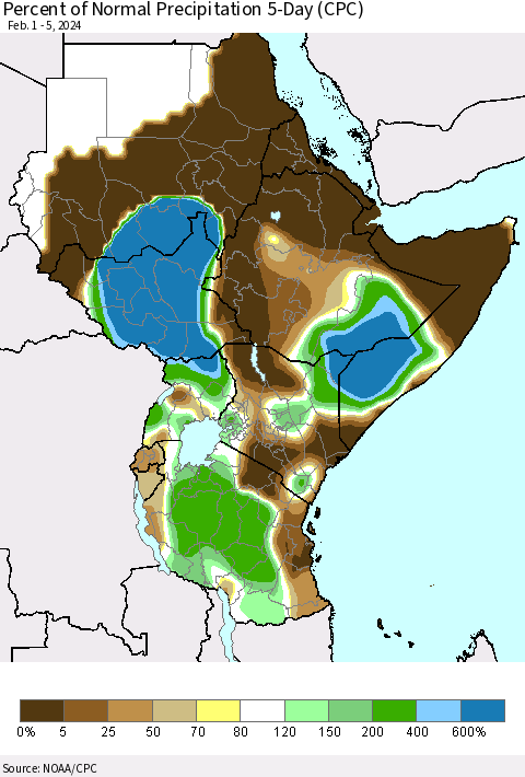 Eastern Africa Percent of Normal Precipitation 5-Day (CPC) Thematic Map For 2/1/2024 - 2/5/2024