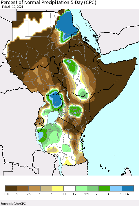 Eastern Africa Percent of Normal Precipitation 5-Day (CPC) Thematic Map For 2/6/2024 - 2/10/2024