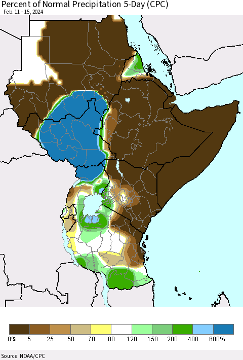 Eastern Africa Percent of Normal Precipitation 5-Day (CPC) Thematic Map For 2/11/2024 - 2/15/2024
