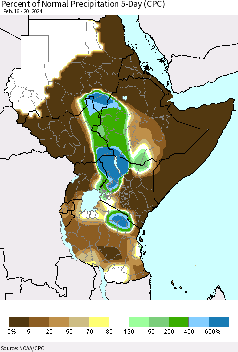 Eastern Africa Percent of Normal Precipitation 5-Day (CPC) Thematic Map For 2/16/2024 - 2/20/2024