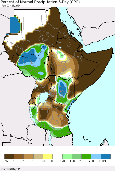 Eastern Africa Percent of Normal Precipitation 5-Day (CPC) Thematic Map For 2/21/2024 - 2/25/2024