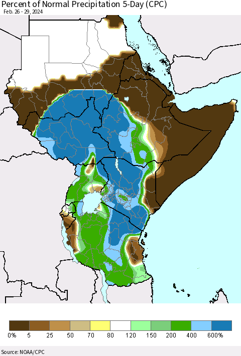 Eastern Africa Percent of Normal Precipitation 5-Day (CPC) Thematic Map For 2/26/2024 - 2/29/2024