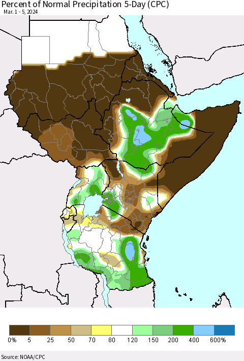 Eastern Africa Percent of Normal Precipitation 5-Day (CPC) Thematic Map For 3/1/2024 - 3/5/2024