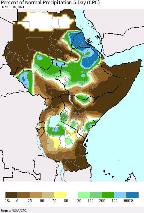 Eastern Africa Percent of Normal Precipitation 5-Day (CPC) Thematic Map For 3/6/2024 - 3/10/2024