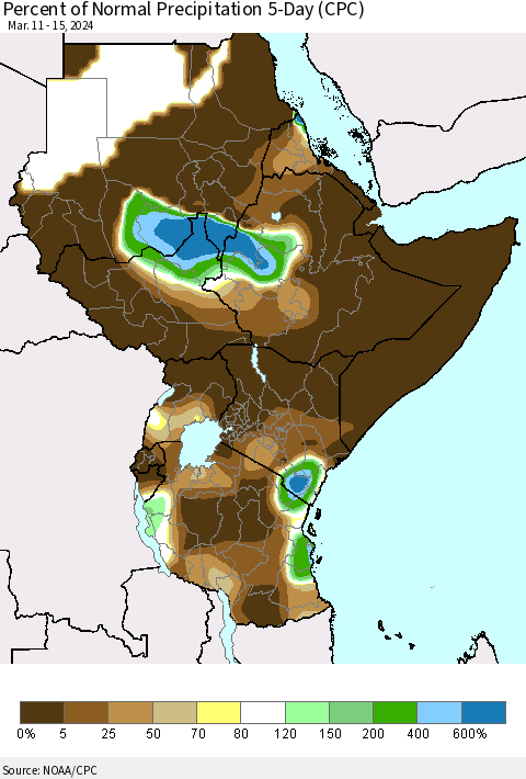 Eastern Africa Percent of Normal Precipitation 5-Day (CPC) Thematic Map For 3/11/2024 - 3/15/2024