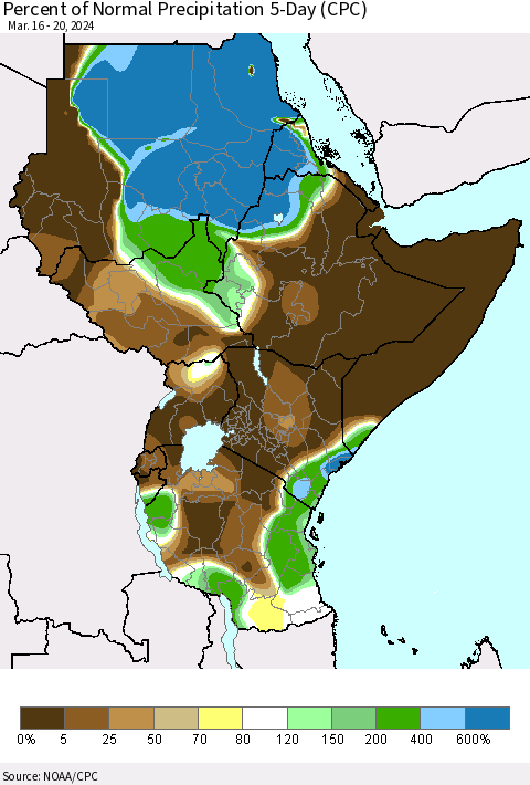 Eastern Africa Percent of Normal Precipitation 5-Day (CPC) Thematic Map For 3/16/2024 - 3/20/2024