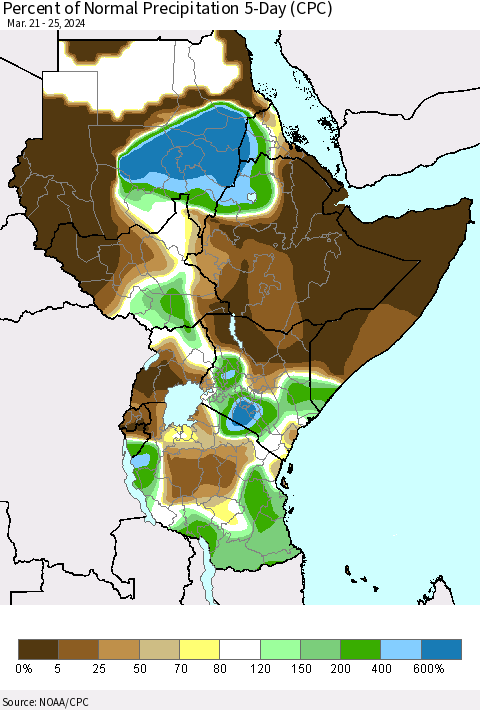 Eastern Africa Percent of Normal Precipitation 5-Day (CPC) Thematic Map For 3/21/2024 - 3/25/2024