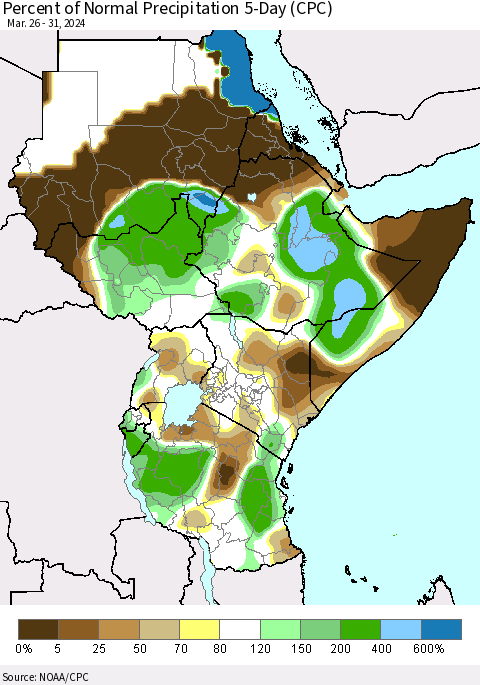 Eastern Africa Percent of Normal Precipitation 5-Day (CPC) Thematic Map For 3/26/2024 - 3/31/2024
