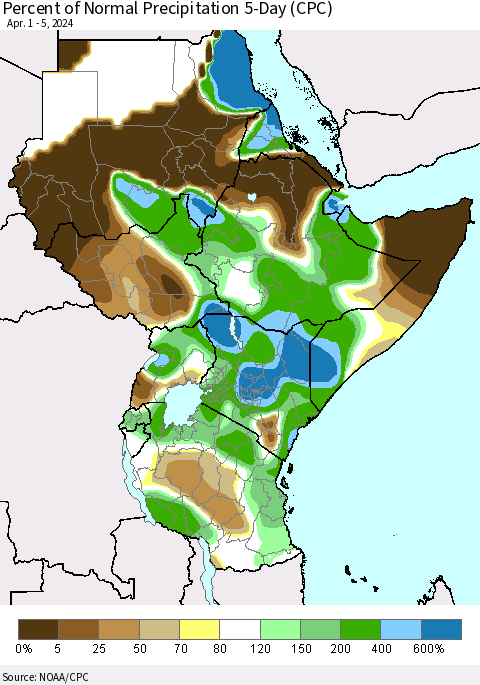 Eastern Africa Percent of Normal Precipitation 5-Day (CPC) Thematic Map For 4/1/2024 - 4/5/2024