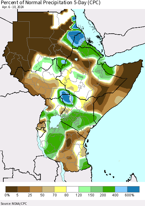 Eastern Africa Percent of Normal Precipitation 5-Day (CPC) Thematic Map For 4/6/2024 - 4/10/2024