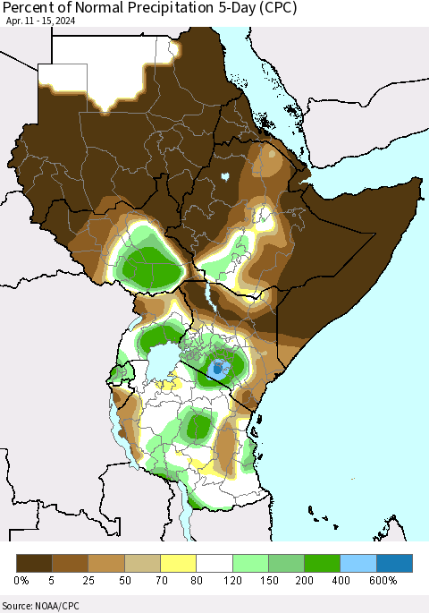 Eastern Africa Percent of Normal Precipitation 5-Day (CPC) Thematic Map For 4/11/2024 - 4/15/2024