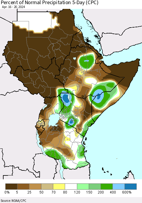 Eastern Africa Percent of Normal Precipitation 5-Day (CPC) Thematic Map For 4/16/2024 - 4/20/2024
