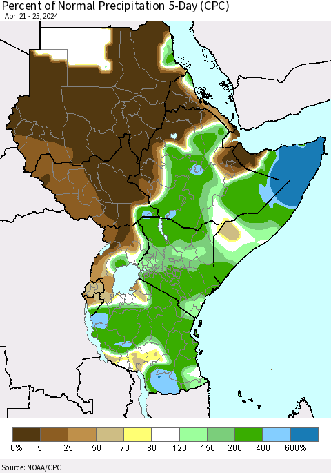 Eastern Africa Percent of Normal Precipitation 5-Day (CPC) Thematic Map For 4/21/2024 - 4/25/2024