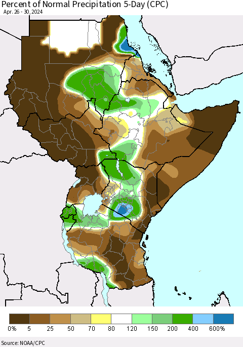 Eastern Africa Percent of Normal Precipitation 5-Day (CPC) Thematic Map For 4/26/2024 - 4/30/2024