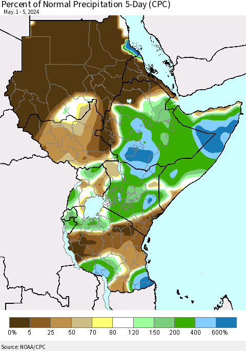 Eastern Africa Percent of Normal Precipitation 5-Day (CPC) Thematic Map For 5/1/2024 - 5/5/2024