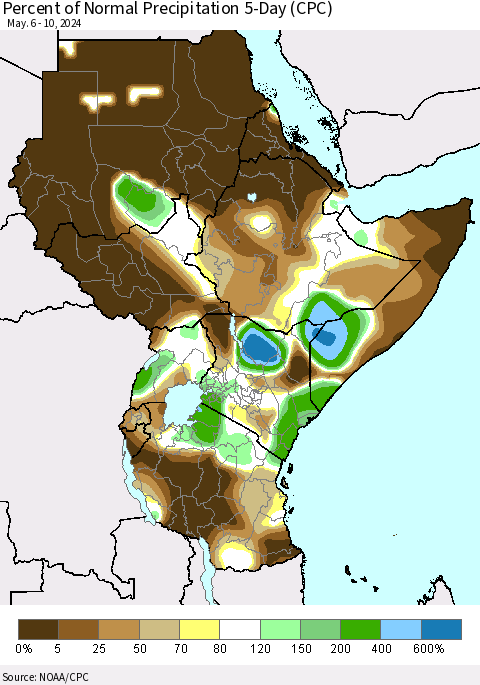 Eastern Africa Percent of Normal Precipitation 5-Day (CPC) Thematic Map For 5/6/2024 - 5/10/2024