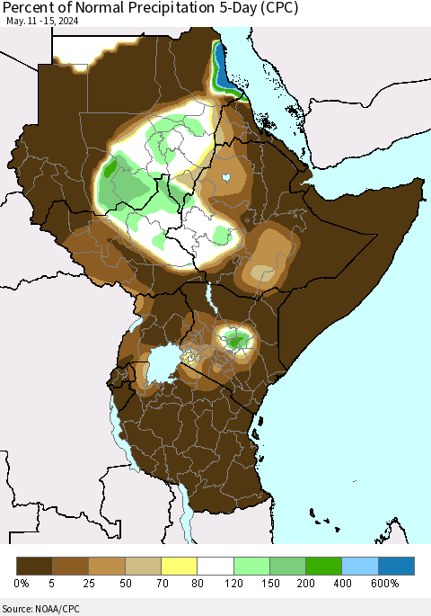 Eastern Africa Percent of Normal Precipitation 5-Day (CPC) Thematic Map For 5/11/2024 - 5/15/2024