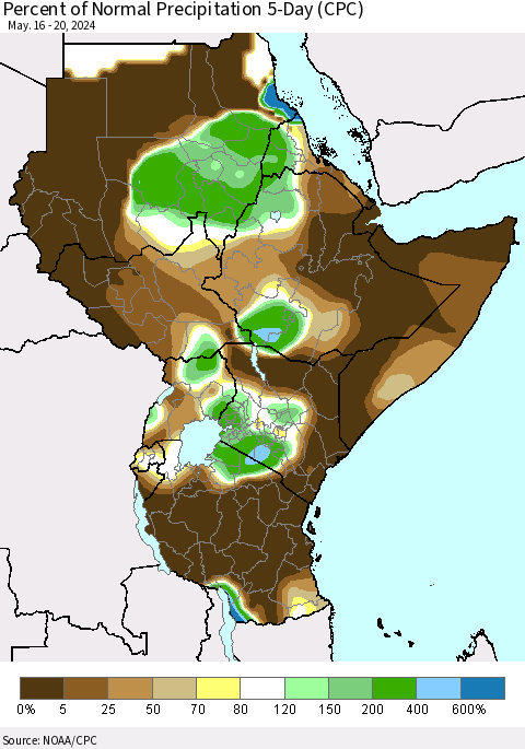 Eastern Africa Percent of Normal Precipitation 5-Day (CPC) Thematic Map For 5/16/2024 - 5/20/2024