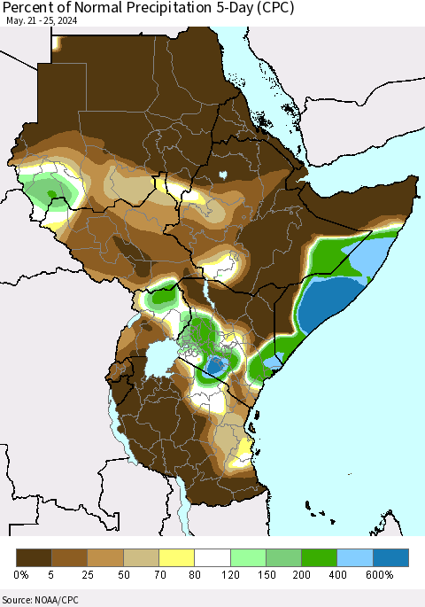 Eastern Africa Percent of Normal Precipitation 5-Day (CPC) Thematic Map For 5/21/2024 - 5/25/2024