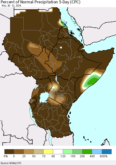 Eastern Africa Percent of Normal Precipitation 5-Day (CPC) Thematic Map For 5/26/2024 - 5/31/2024