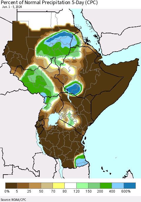Eastern Africa Percent of Normal Precipitation 5-Day (CPC) Thematic Map For 6/1/2024 - 6/5/2024