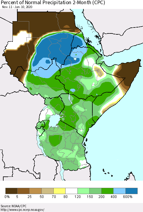 Eastern Africa Percent of Normal Precipitation 2-Month (CPC) Thematic Map For 11/11/2019 - 1/10/2020