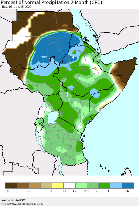 Eastern Africa Percent of Normal Precipitation 2-Month (CPC) Thematic Map For 11/16/2019 - 1/15/2020