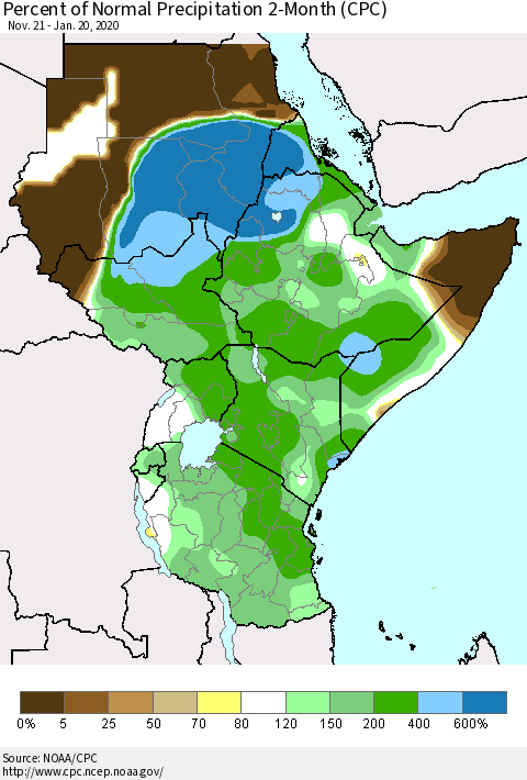Eastern Africa Percent of Normal Precipitation 2-Month (CPC) Thematic Map For 11/21/2019 - 1/20/2020