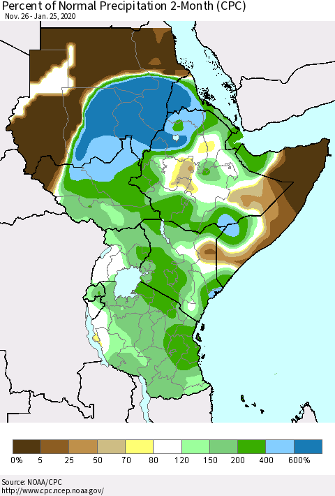 Eastern Africa Percent of Normal Precipitation 2-Month (CPC) Thematic Map For 11/26/2019 - 1/25/2020
