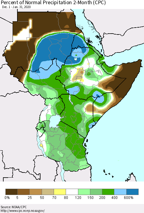 Eastern Africa Percent of Normal Precipitation 2-Month (CPC) Thematic Map For 12/1/2019 - 1/31/2020