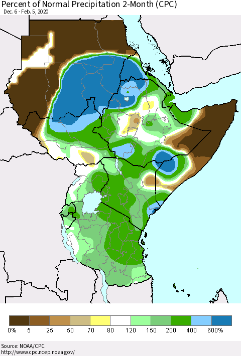 Eastern Africa Percent of Normal Precipitation 2-Month (CPC) Thematic Map For 12/6/2019 - 2/5/2020