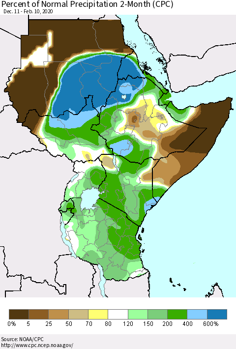 Eastern Africa Percent of Normal Precipitation 2-Month (CPC) Thematic Map For 12/11/2019 - 2/10/2020