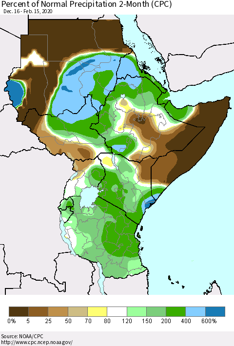 Eastern Africa Percent of Normal Precipitation 2-Month (CPC) Thematic Map For 12/16/2019 - 2/15/2020