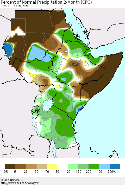 Eastern Africa Percent of Normal Precipitation 2-Month (CPC) Thematic Map For 12/21/2019 - 2/20/2020